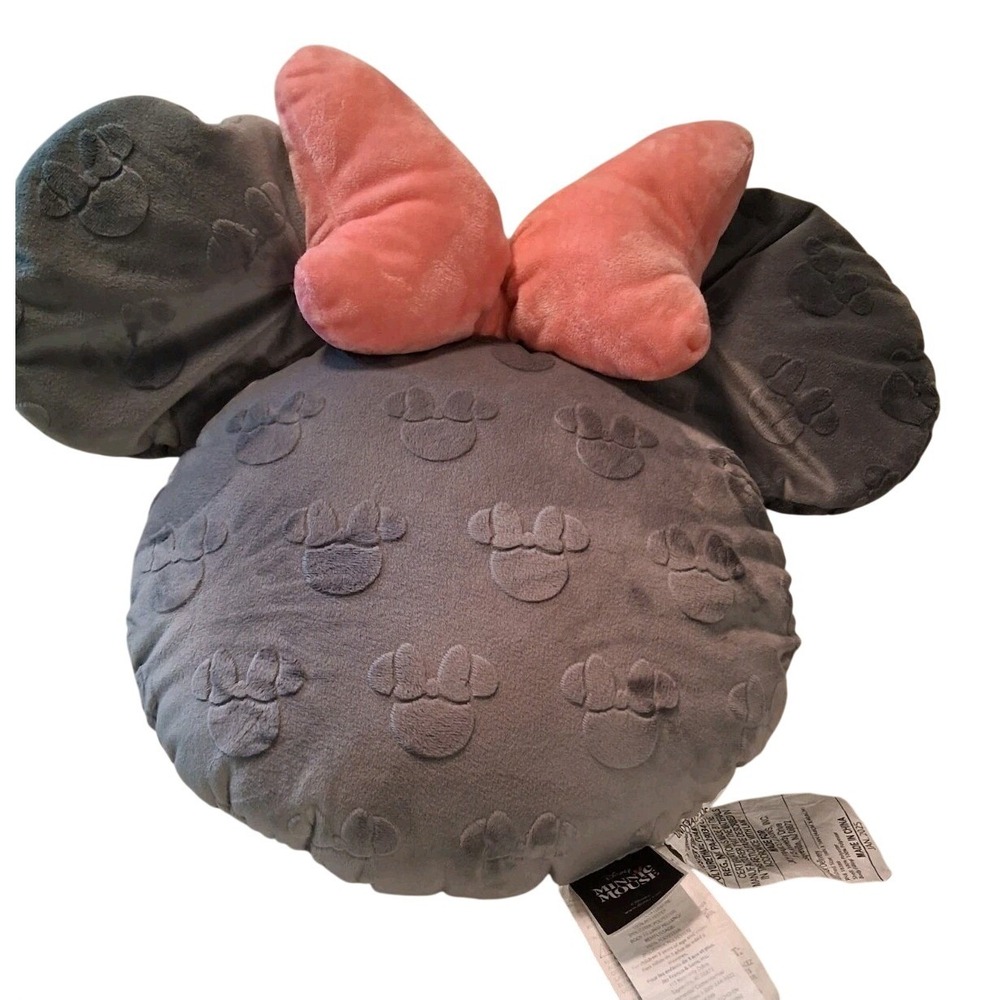 Disney Minnie Mouse Large Soft Velour Gray‎ Plush Pillow  Pink Bow 12" Toy
